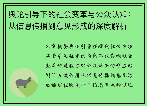 舆论引导下的社会变革与公众认知：从信息传播到意见形成的深度解析