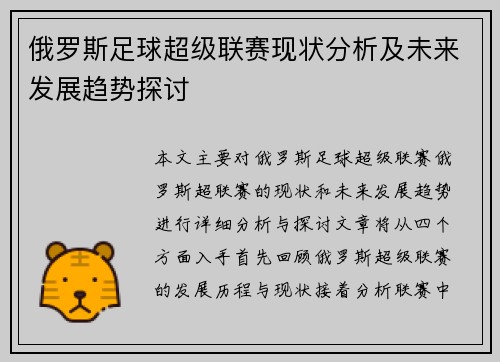 俄罗斯足球超级联赛现状分析及未来发展趋势探讨