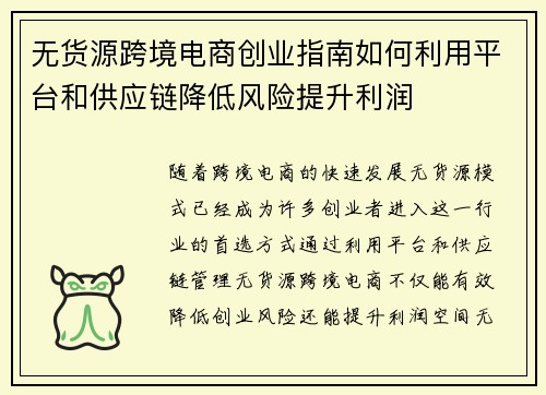 无货源跨境电商创业指南如何利用平台和供应链降低风险提升利润