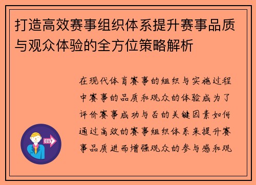 打造高效赛事组织体系提升赛事品质与观众体验的全方位策略解析